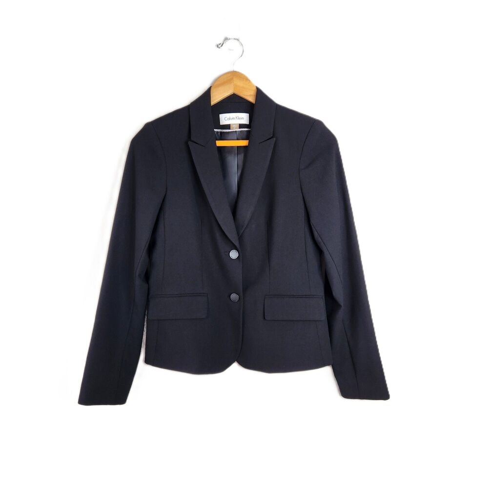Calvin Klein Women's Black Two-Button Blazer Jacket Size 4P Notched Lapel Formal